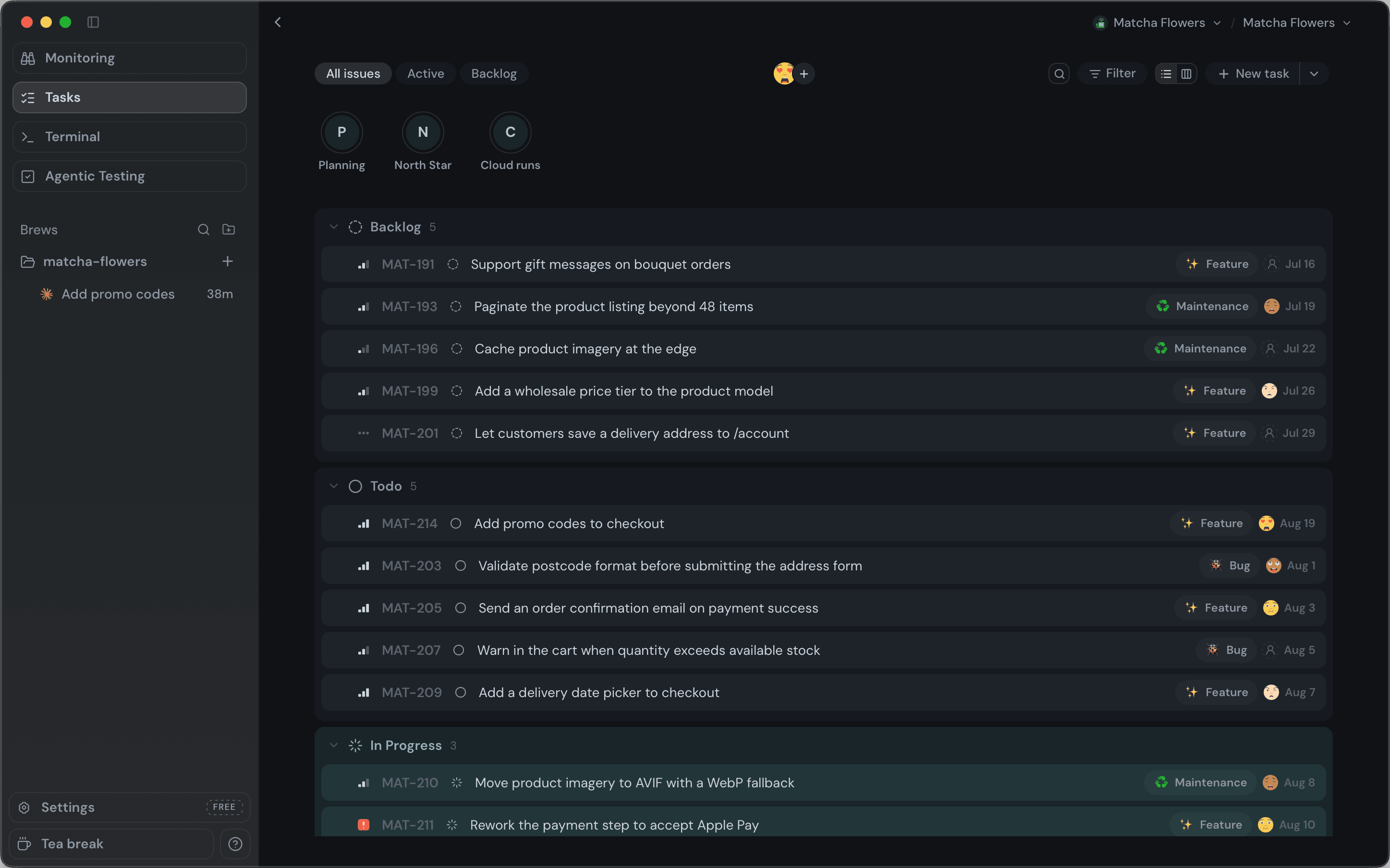Coldtea Tasks board · MAT-214 in focus